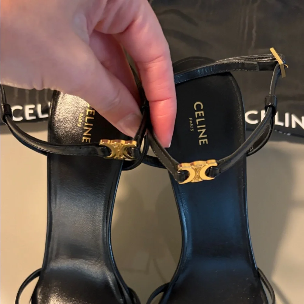 Celine Black Leather Ankle Strap Heels with Gold Triomphe Detail - Picture 4 of 6
